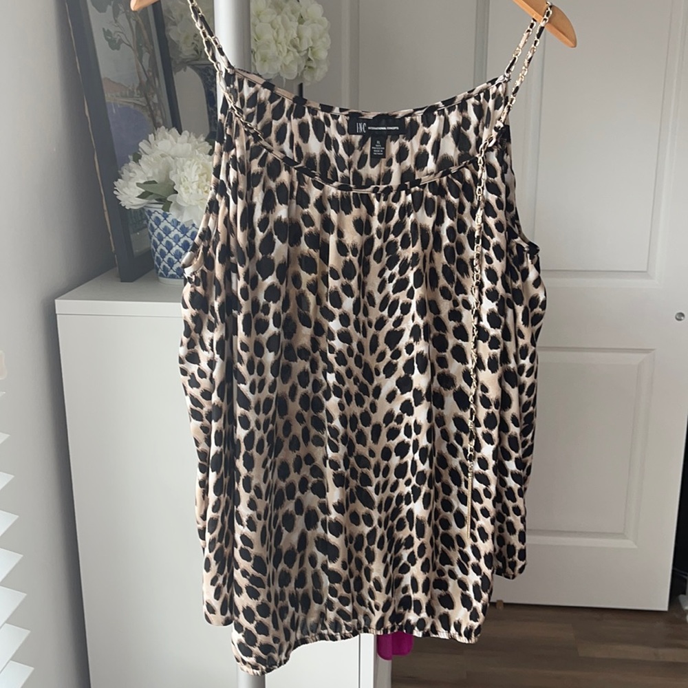 Inc leopard cold shoulder blouse with gold link detail